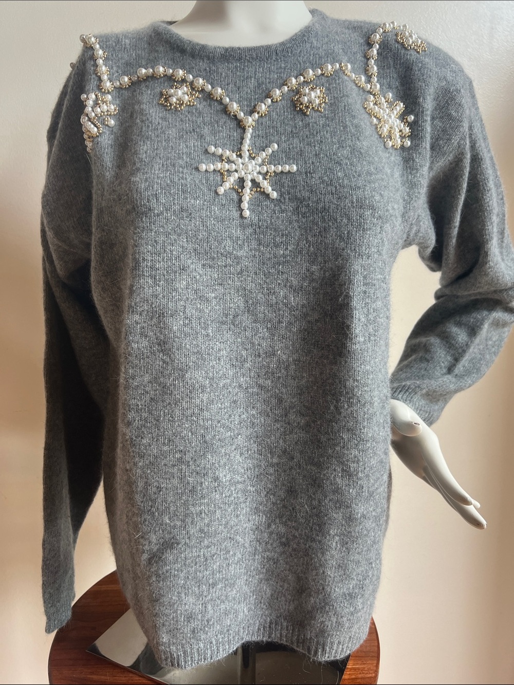 Lambswool and angora vintage Sweater with Pearl Snowflake Accents